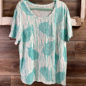 Coral Bay Women’s Scoop Neck Short Sleeve Paisley White Teal Cotton Top Size 1X